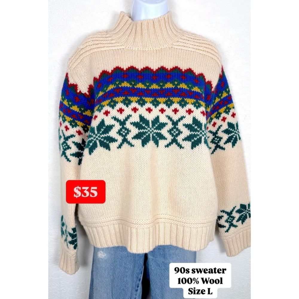 Vintage Limited Wool Women’s Sweater - Cream with Multicolor Pattern